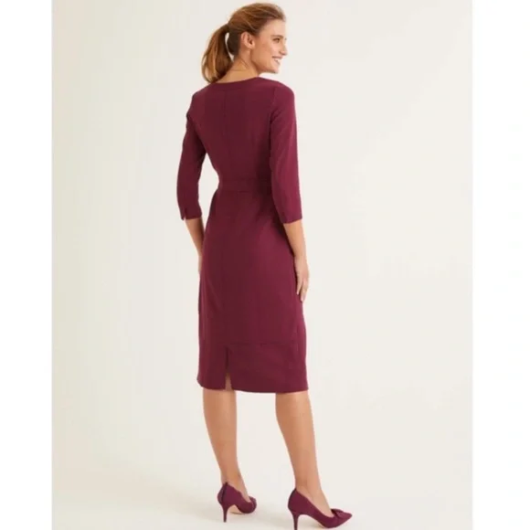 Boden Addie Dress In Merlot Tie Waist 3/4 Sleeve Burgundy Midi Size 8 8R - Picture 4 of 15
